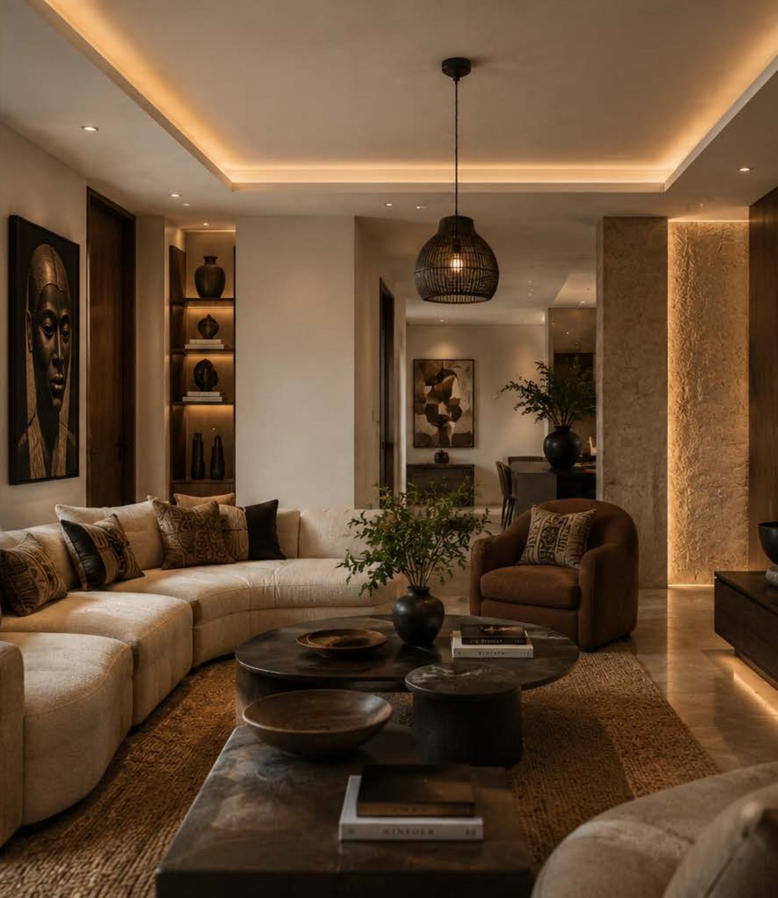 Afropolitan living room with African art and warm lighting