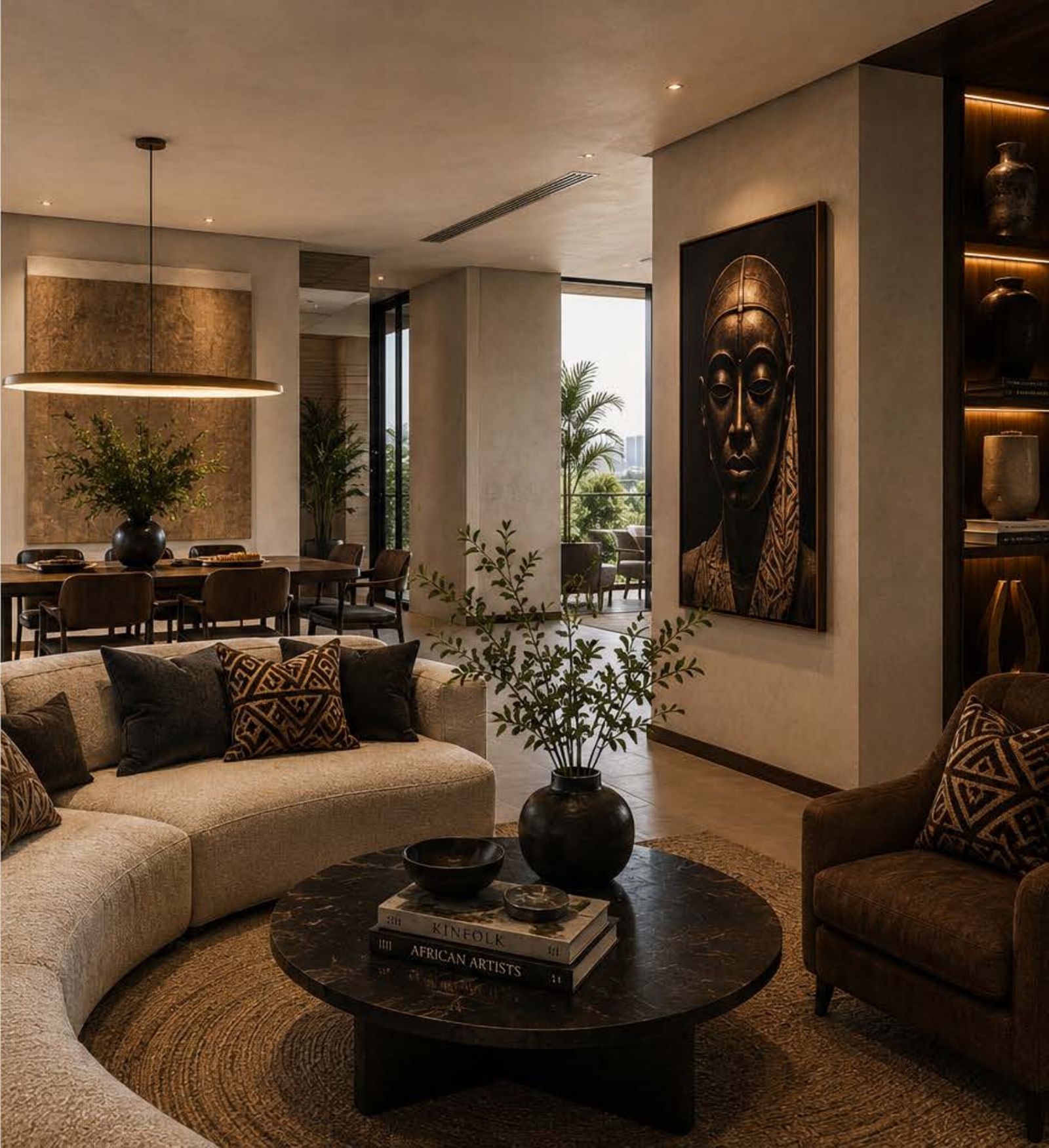 Living room with African portrait artwork