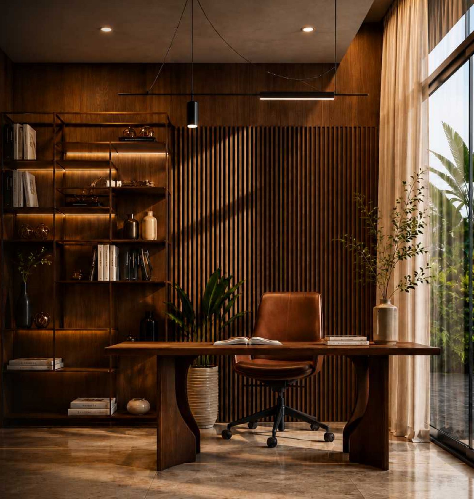 Warm wood-panelled study